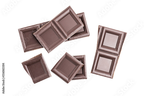 Dark chocolate pieces, cubes, broken chocolate isolated on transparent background, top view