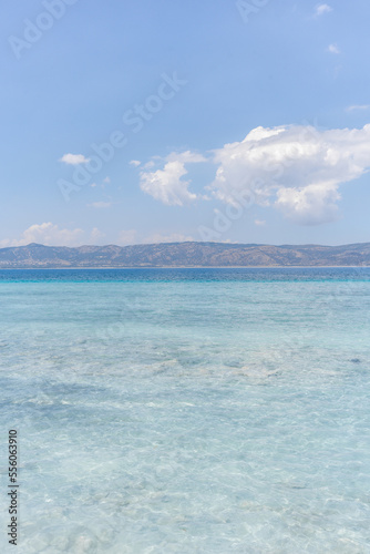 The turquoise waters of Salda Lake, the white mineral-rich beach and the blue sky. Salda Lake is a turquoise crater lake. Salda Lake, Burdur, Turkey