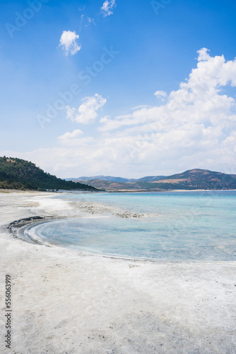 The turquoise waters of Salda Lake  the white mineral-rich beach and the blue sky. Salda Lake is a turquoise crater lake. Salda Lake  Burdur  Turkey