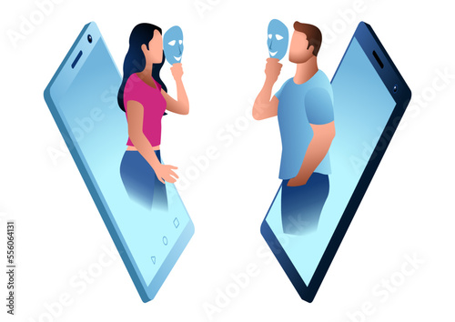 Man and woman talking with each other using mask through smart phone