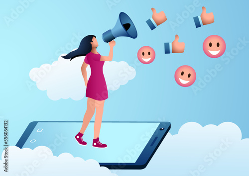 Female figure using megaphone to attract likes on social media