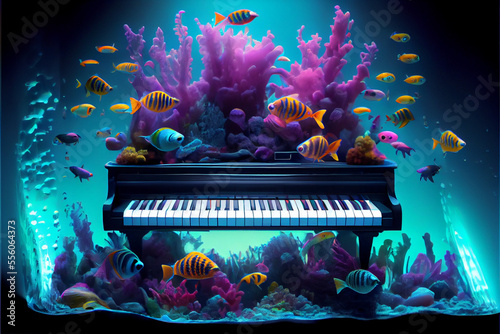 Octopus Playing Piano in Underwater World. Generative ai photo