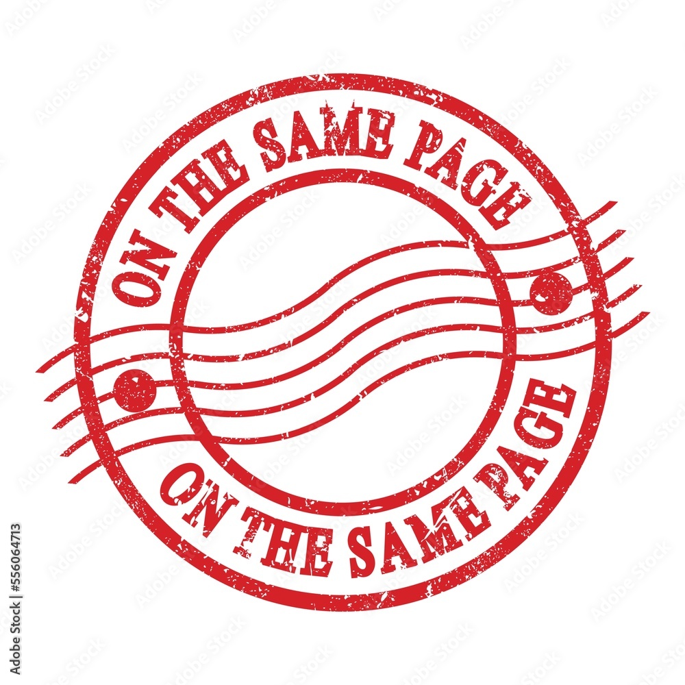 ON THE SAME PAGE, text written on red postal stamp. ON THE SAME PAGE, text written on red postal stamp.