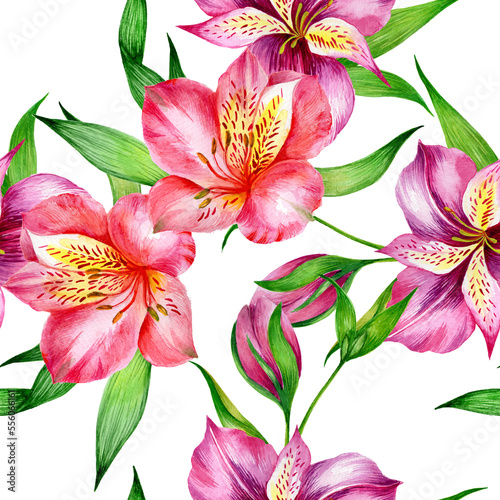  Watercolor alstroemeria flowers in a seamless pattern. Can be used as fabric, wallpaper, wrap.
