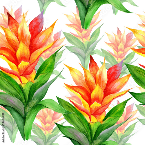  Watercolor tropical flowers with leaves in a seamless pattern. Can be used as fabric, wallpaper, wrap.
