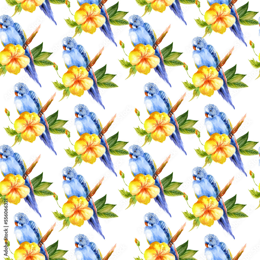 Watercolor blue parrot and yellow hibiscus flower in seamless pattern. Can be used as fabric, wallpaper, wrap.