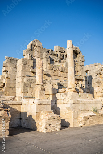 Ancient city columns of Patara (Pttra) with blue sky. The ancient city of Patara (Pttra). Ruins of the ancient Lycian city. Antalya Turkey