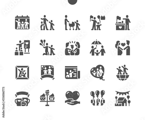 International Day of Families 15 May. Cupcakes, balloons and celebration. Calendar. Married couple. Mom with baby. Vector Solid Icons. Simple Pictogram