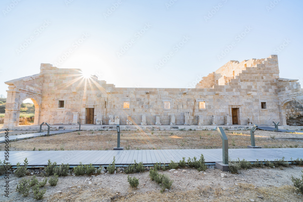 Patara (Pttra). Ruins of the ancient Lycian city Patara. Amphi-theatre and the assembly hall of Lycia public. Patara was at the Lycia (Lycian) League's capital. The Lycian League Parliament. Turkey.