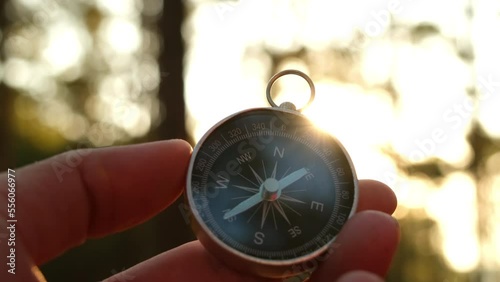 Compass in hand on natural pine forest background. hand holding compass in forest landscape. Young traveler searching direction with compass in summer mountains.
