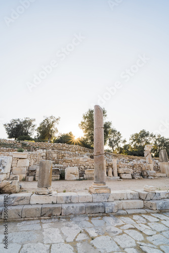 Ancient city columns of Patara (Petra) with blue sky. The ancient city of Patara (Pttra) at sunset. Patara (Pttra). Ruins of the ancient Lycian city. Antalya Turkey