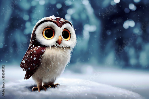 An owl sits on a tree branch in the snow. Owl, winter background ,made with Generative AI