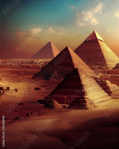 Egyptian pyramid of giza complex during sunset  made with Generative AI