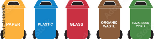 green, yellow, orange, red, blue and black recycle bins with recycle symbol isolated on white background vector illustration