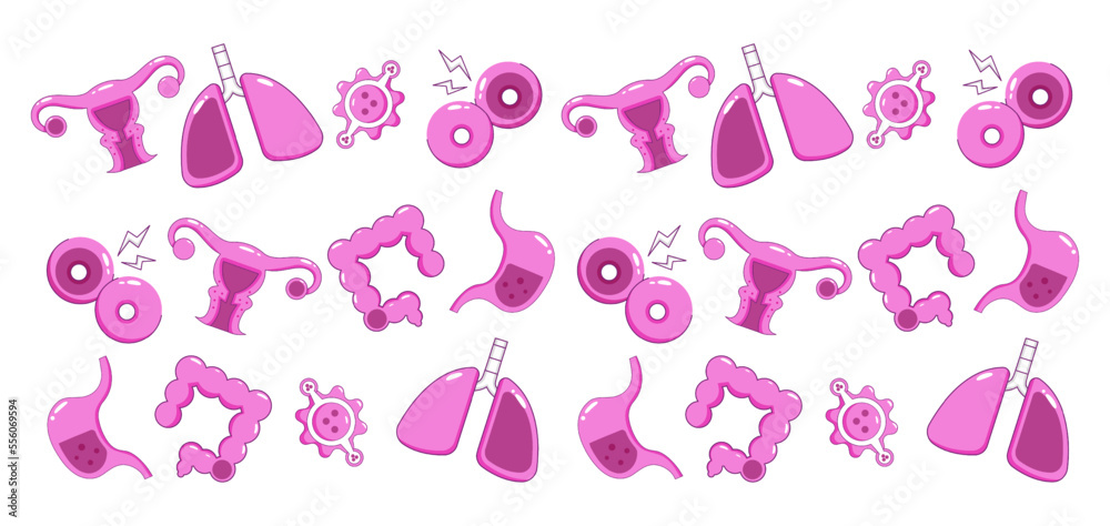 World Cancer Day. Uterine, breast, lung, stomach and intestine icon pattern World Cancer Day. Uterine, breast, lung, stomach and intestine icon pattern