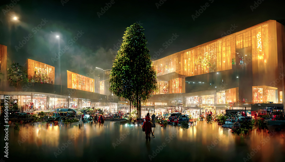 Grand shopping mall with tall tree in the parking lot ,made with Generative AI