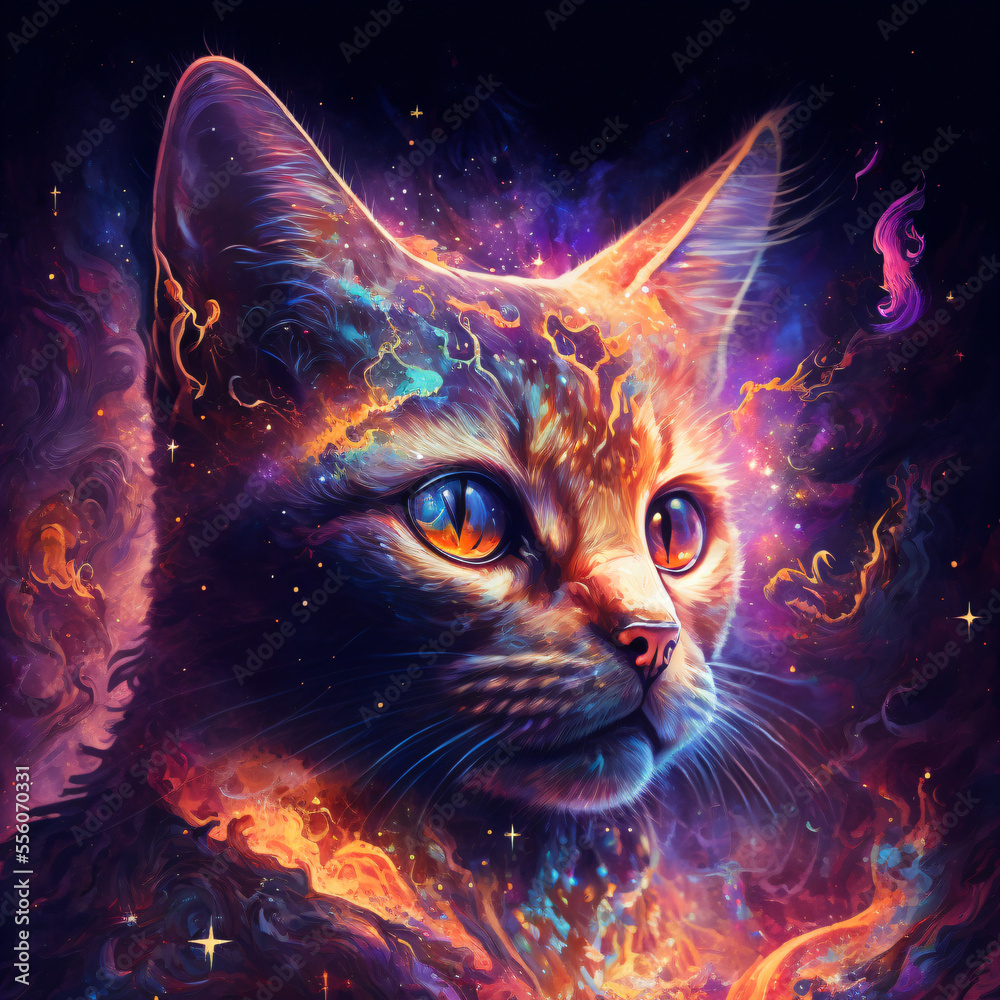 Epic cinematic portrait of a cosmic cat, Generative AI.