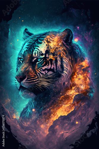 Epic cinematic portrait of a cosmic tiger  Generative AI.