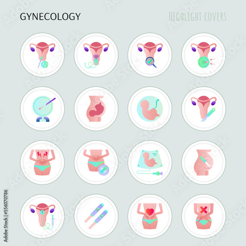 Gynecology flat gradient icons set. Ultrasound, artificial fertilization, pregnancy, fetus, menstration, cesarian section, intrauterine insemination. Highlights for stories. Vector illustration