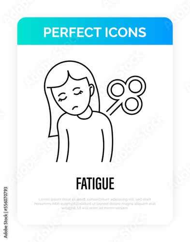 Fatigue, tiredness, apathy gradient flat icon. Tired girl with clockwork on the back. Post-covid syndrome. Vector illustration.