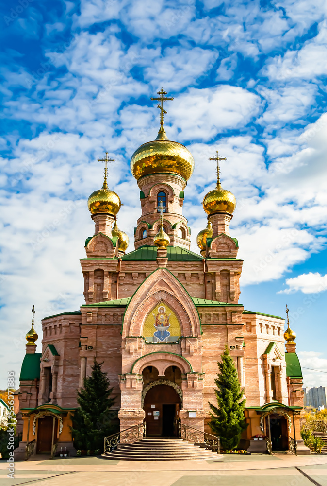 Obraz premium Christian church cross in high steeple tower for prayer