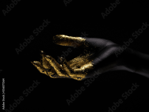 Close-up of arm with palm facing up on dark background. Fingertips are gold. Side view. 3D illustration.