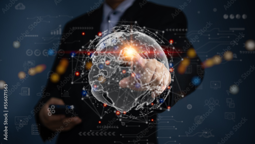 Fototapeta premium Digital technology communication cyber global network. Business big data and marketing concept WEB 3.0.hand touch globe internet.