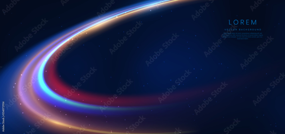 Abstract technology futuristic neon curved glowing blue and gold light lines with speed motion blur effect on dark blue background. Abstract technology futuristic neon curved glowing blue and gold light lines with speed motion blur effect on dark blue background.