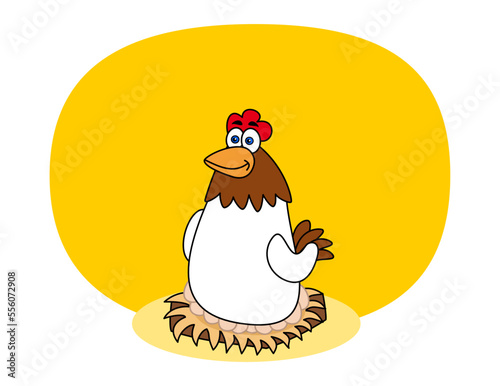 Illustration of a white laying hen incubating eggs on a yellow background