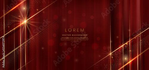 Abstract elegant red background with golden line and lighting effect sparkle. Luxury template design.