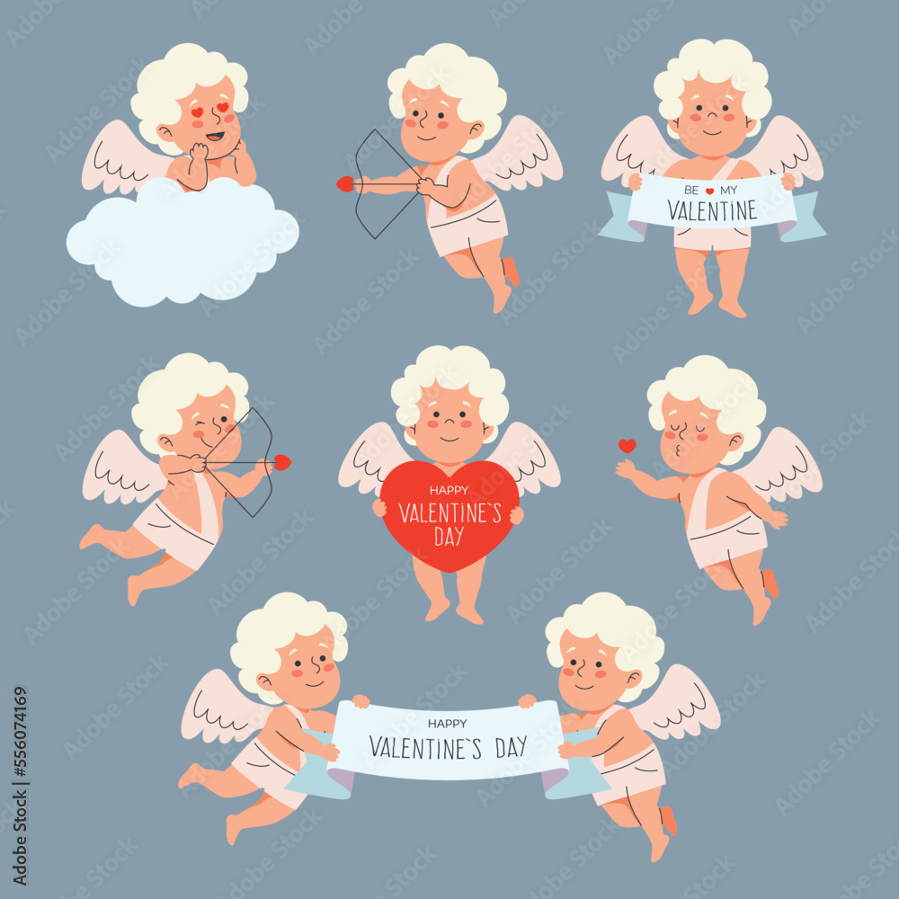 Isolated flat vector of cupid set. Illustration of amur with bow. Cute baby cartoon character greeting with Valentine's Day. Images of angels with wings in different poses aiming at lovers - obrazy, fototapety, plakaty 