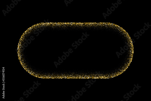 Oval gold frame from glitters with bright glow light effect vector illustration. Abstract golden ellipse from luxury metal dust for swirl portal, decorative royal award border on black background