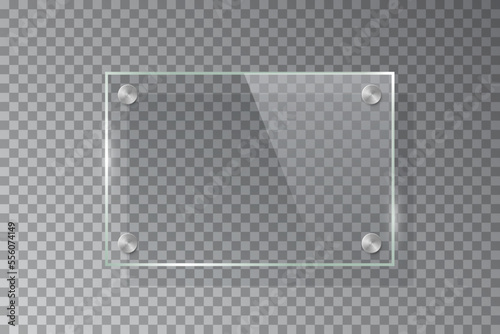 Glass rectangle plate isolated on transparent background. Vector realistic acrylic frame with steel rivets