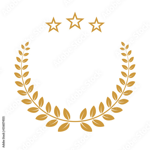 Yellow laurel wreath with stars icon vector illustration. Winner award with branch and three stars silhouette, trophy, gold certificate or birthday congratulation for ceremony isolated on white