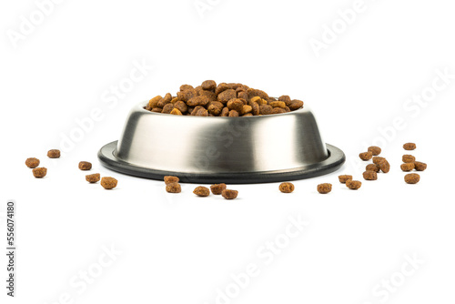Canvas Print Dry food for cats and dogs in a bowl on a white background.