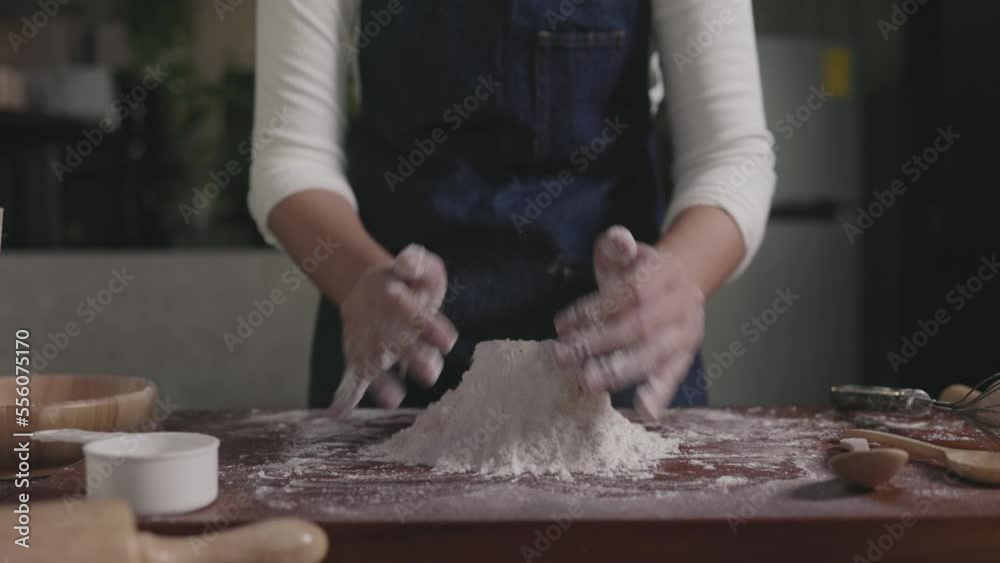 Chef mix the flour by to hand make bread according formula Chef mix the flour by to hand make bread according formula