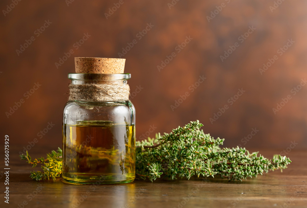 Bottle of thyme essential oil with fresh thyme. Bottle of thyme essential oil with fresh thyme.