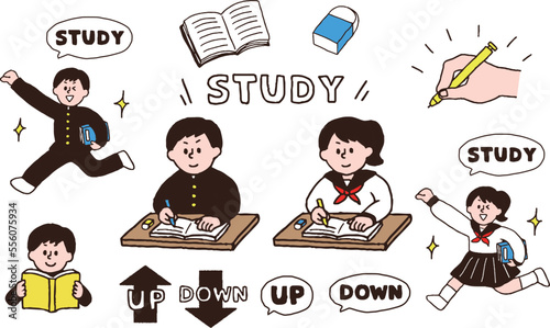 勉強する男子女子（セーラー服・学ラン）セット