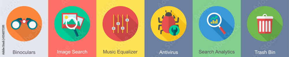 A set of 6 SEO icons as binoculars, image search, music equalizer A set of 6 SEO icons as binoculars, image search, music equalizer
