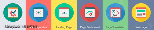 A set of 6 SEO icons as management, webpage view, landing page