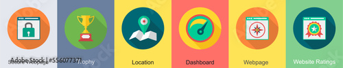 A set of 6 SEO icons as secured webpage, trophy, location
