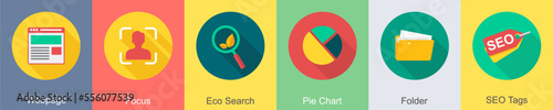 A set of 6 SEO icons as webpage, focus, eco search