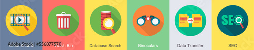 A set of 6 SEO icons as video search, trash bin, database serach