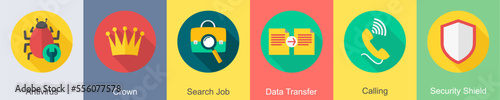 A set of 6 SEO icons as antivirus, crown, search job