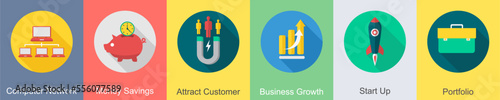 A set of 6 SEO icons as computer network, money savings, attract customer