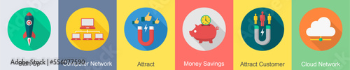 A set of 6 SEO icons as start up, computer network, attract