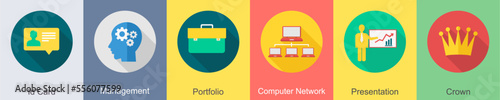A set of 6 SEO icons as id card, management, portfolio