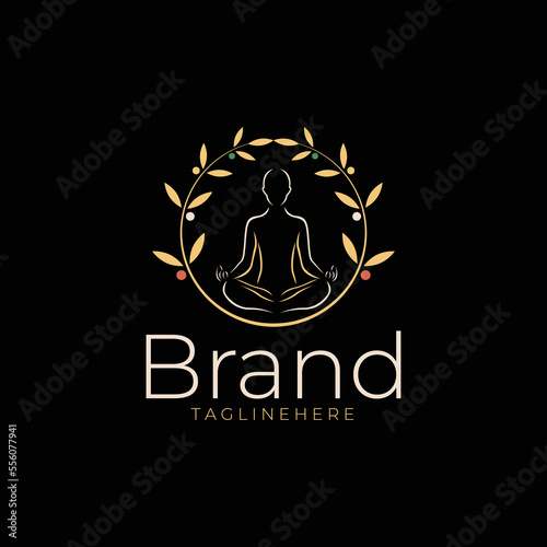 Minimalist natural meditation logo vector, featuring silhouette of person meditating with surrounding leaf and floral elements in abstract style, suitable for yoga, fitness, spa etc.