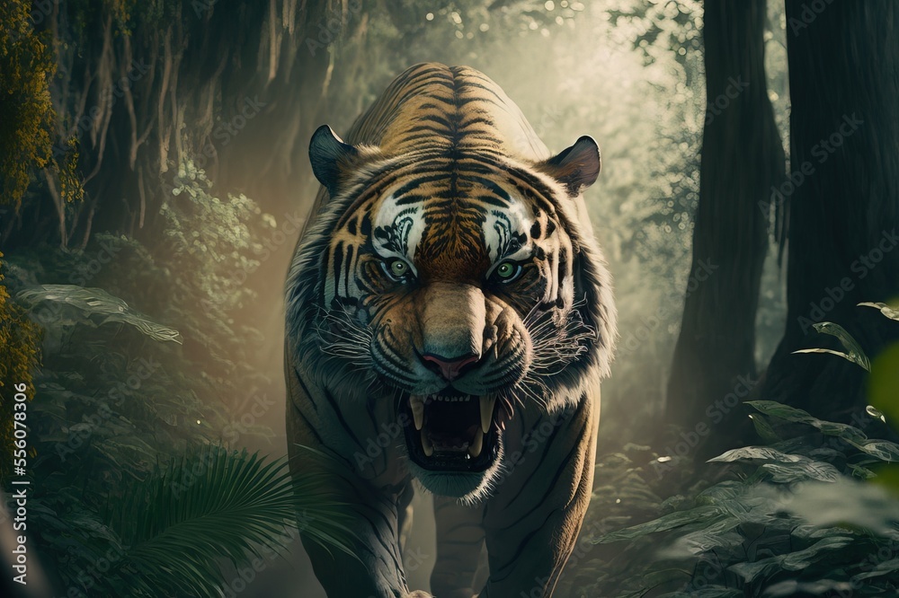 a giant tiger in the forest. fiction. fantasy scenery. concept art.  Generative AI Stock Illustration