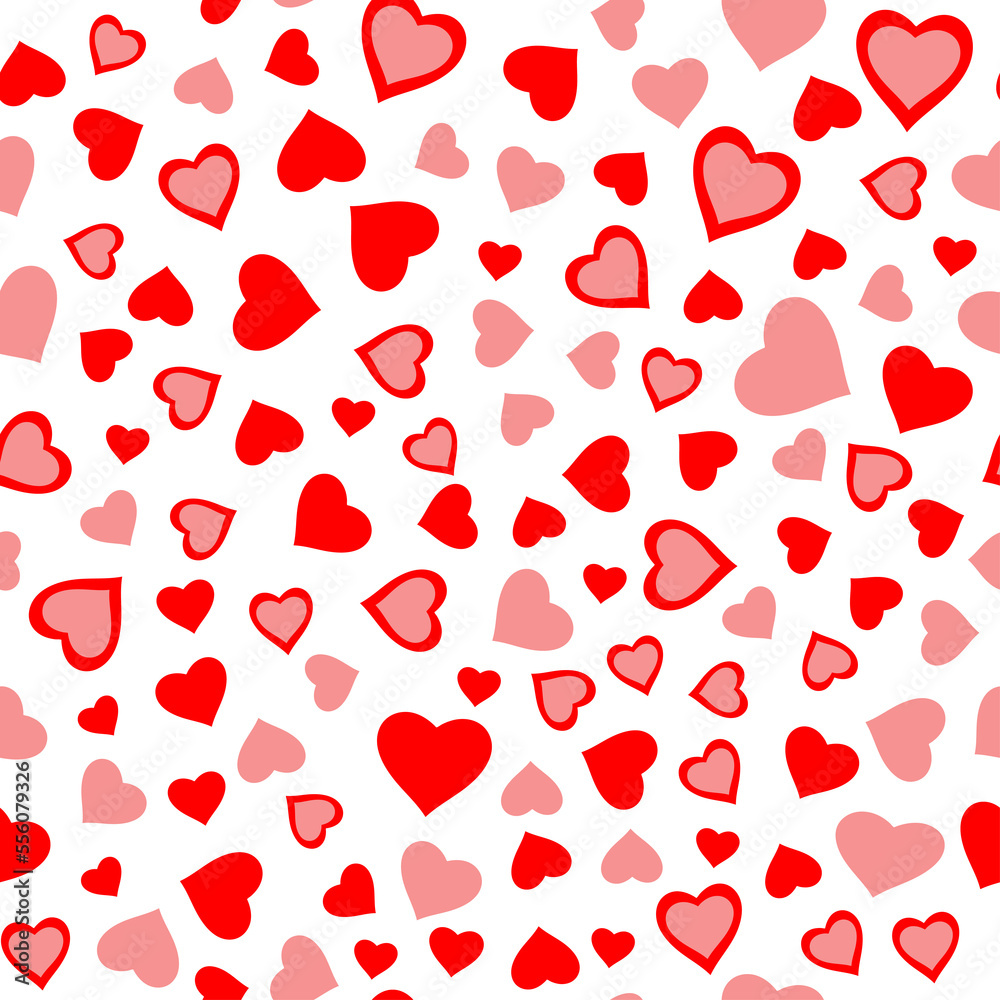 Seamless pattern of simple red and pink hearts. Hand drawn style